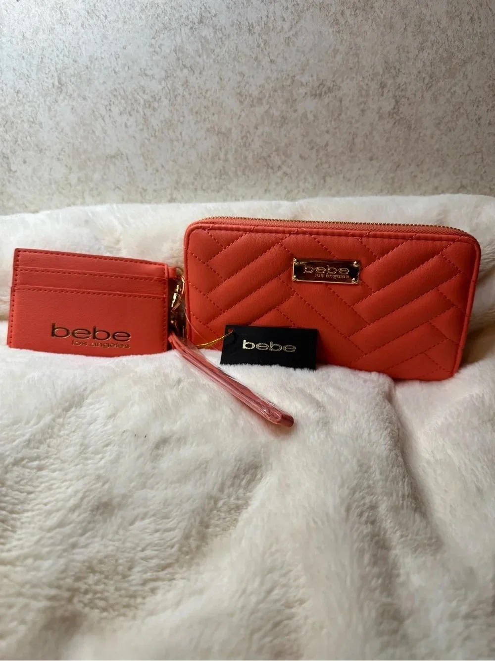 bebe Coral Pink Faux Leather Phone Wallet Case with Keyring